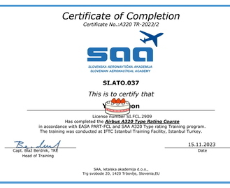 CERTICATE OF COMPLETION AIRBUS 320 RATING  SAA.