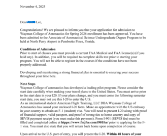 26년 1월 입학허가서 F-1VISA WAYMAN COLLEGE OF AERONAUTICS